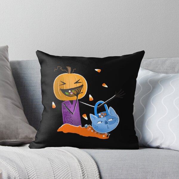 Item preview, Jack o lantern Pumpkin head eating candy from a blue cat bag designed and sold by jasmineberry.