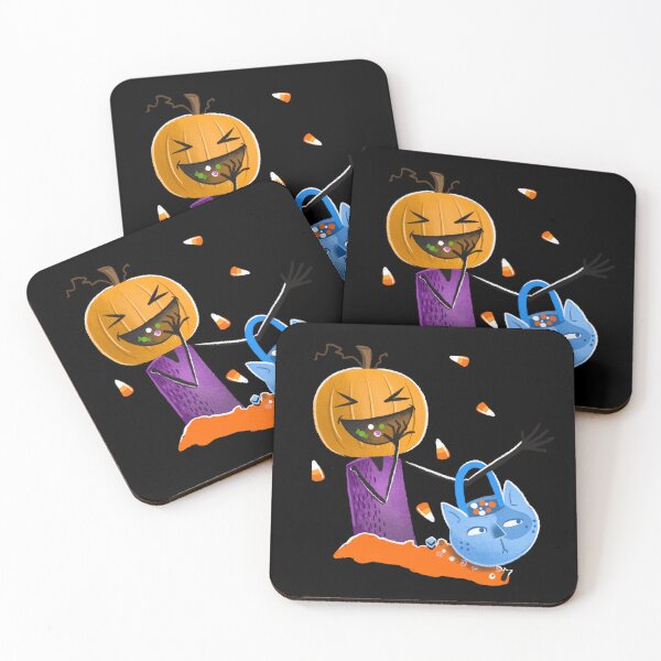Item preview, Jack o lantern Pumpkin head eating candy from a blue cat bag designed and sold by jasmineberry.