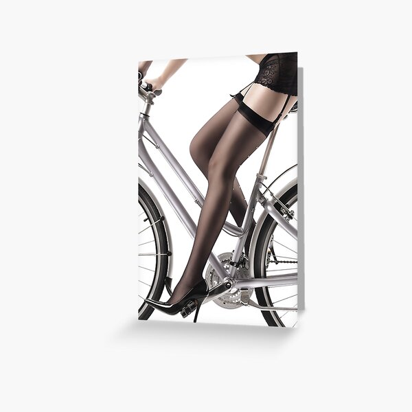 Sexy Woman Riding a Bike in Lingerie and Stockings art print Greeting Card