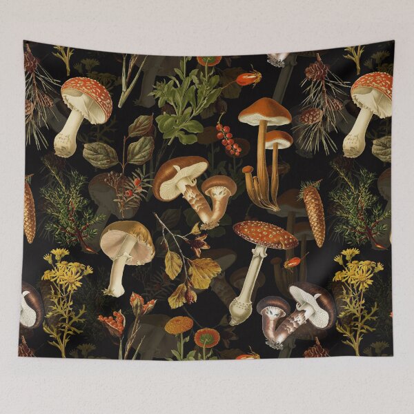 Item preview,  Vintage Midnight Mushrooms Forest Autumnal Botanical Pattern - Black Botanical Night Garden Nightgarden designed and sold by UtArt.