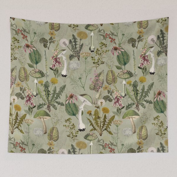Item preview, Vintage toxic mushrooms and wildflowers forest Botanical Garden pattern on sage Nightgarden designed and sold by UtArt.
