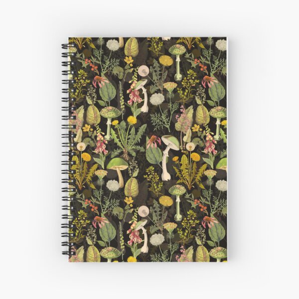 Item preview, Vintage toxic mushrooms and wildflowers forest pattern on black Botanical Night Garden Nightgarden designed and sold by UtArt.