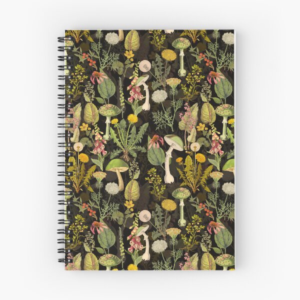 Item preview, Vintage toxic mushrooms and wildflowers forest pattern on black Botanical Night Garden Nightgarden designed and sold by UtArt.