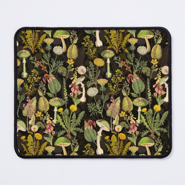Item preview, Vintage toxic mushrooms and wildflowers forest pattern on black Botanical Night Garden Nightgarden designed and sold by UtArt.