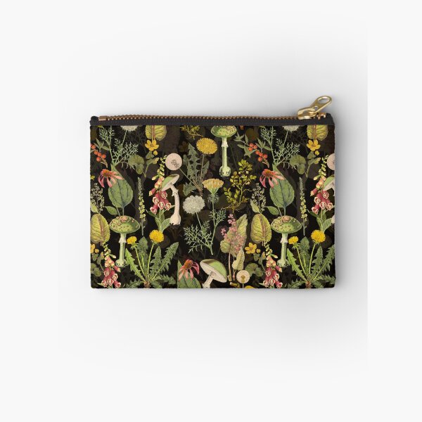 Item preview, Vintage toxic mushrooms and wildflowers forest pattern on black Botanical Night Garden Nightgarden designed and sold by UtArt.