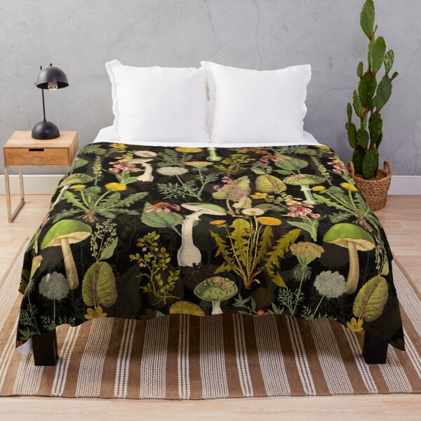 Item preview, Vintage toxic mushrooms and wildflowers forest pattern on black Botanical Night Garden Nightgarden designed and sold by UtArt.