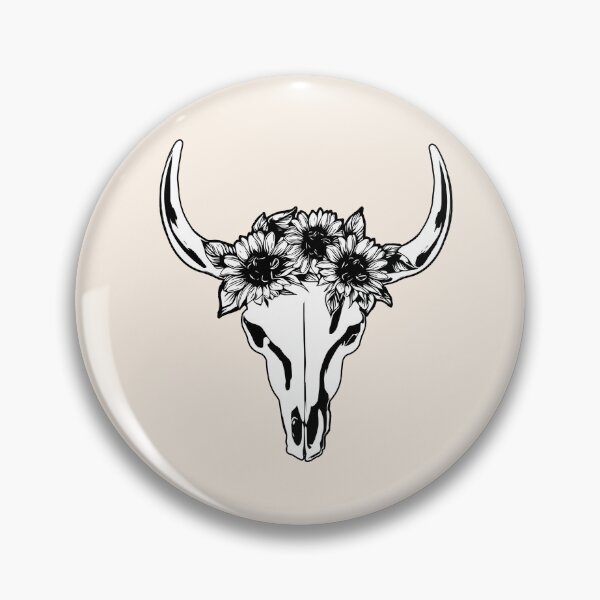 Item preview, Cow Skull and Crown leaves and sunflowers, black, white drawing designed and sold by Collagedream.