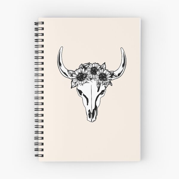 Item preview, Cow Skull and Crown leaves and sunflowers, black, white drawing designed and sold by Collagedream.