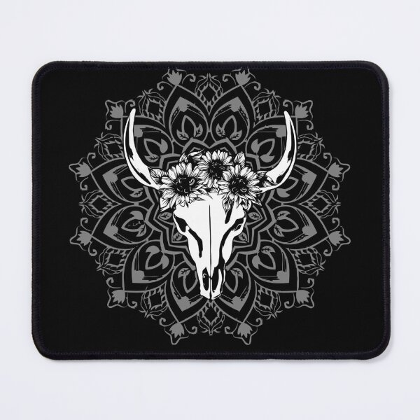 Item preview, Cow Skull and Crown leaves and sunflowers, black, white drawing designed and sold by Collagedream.
