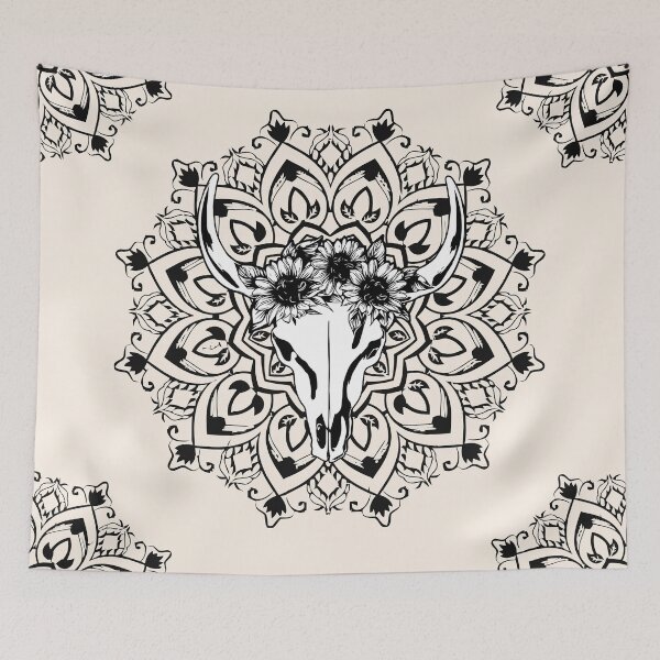 Item preview, Cow Skull and Crown leaves and sunflowers, black, white drawing designed and sold by Collagedream.