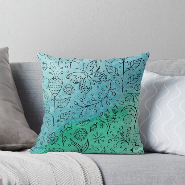 Item preview, Floral Flower Butterfly Birds Ladybird Nature Pattern l Black Line Design With Blue & Green Watercolour Background designed and sold by LifeAndWonder.