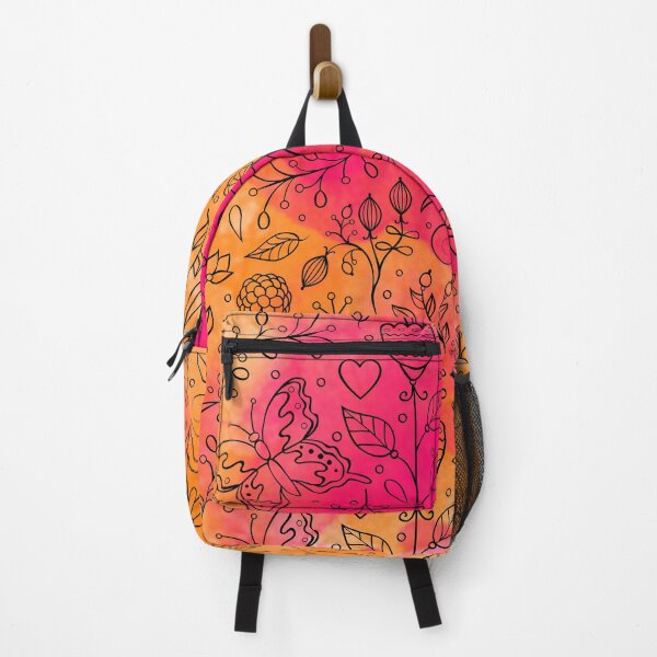 Artikelvorschau, Blumen-Blumen-Schmetterlings-Vogel-Marienkäfer-Natur-Muster l schwarzes Linien-Design mit rosa u. orange Aquarell-Hintergrund entworfen und verkauft von LifeAndWonder.