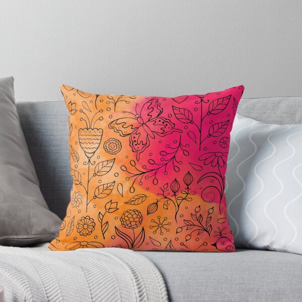 Item preview, Floral Flower Butterfly Birds Ladybird Nature Pattern l Black Line Design With Pink & Orange  Watercolour Background designed and sold by LifeAndWonder.