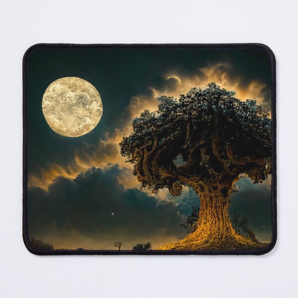 Item preview, Large old oak tree at night surrounded by glowing magic mushrooms on the ground and a full moon in the sky with fractal clouds designed and sold by Riverside-Moon.