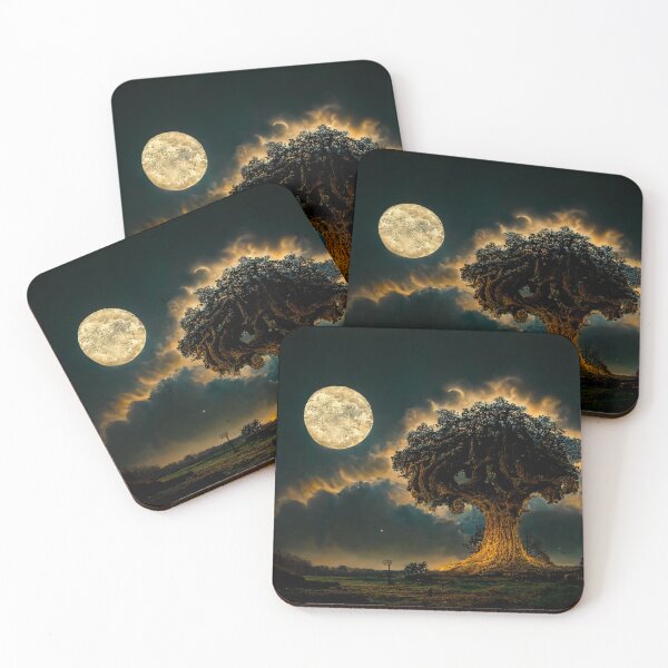 Item preview, Large old oak tree at night surrounded by glowing magic mushrooms on the ground and a full moon in the sky with fractal clouds designed and sold by Riverside-Moon.