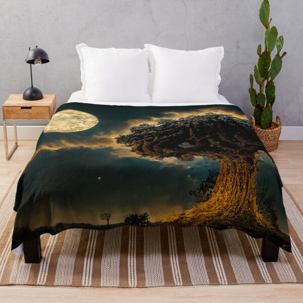 Item preview, Large old oak tree at night surrounded by glowing magic mushrooms on the ground and a full moon in the sky with fractal clouds designed and sold by Riverside-Moon.