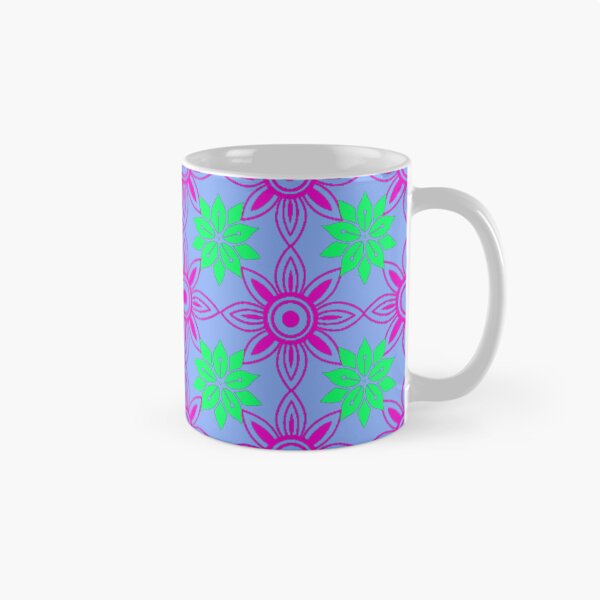 Item preview, Bright repeating flower pattern using purple and neon green on a blue background designed and sold by Wonder & Whimsy.