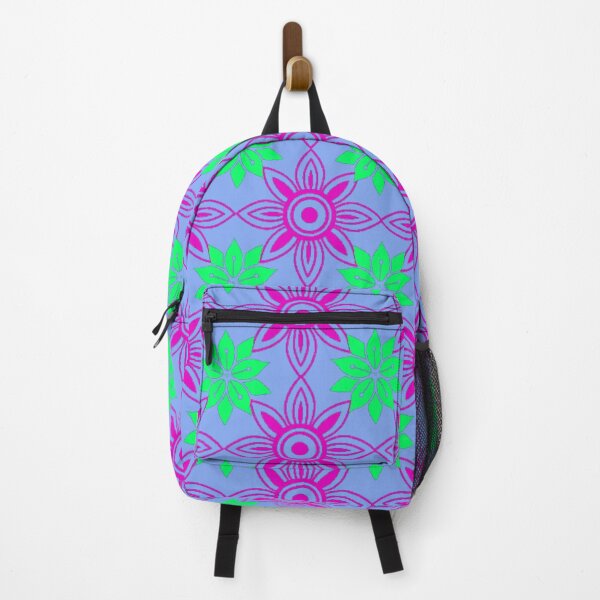Item preview, Bright repeating flower pattern using purple and neon green on a blue background designed and sold by Wonder & Whimsy.
