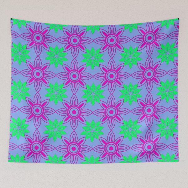 Item preview, Bright repeating flower pattern using purple and neon green on a blue background designed and sold by ditzy-designs.