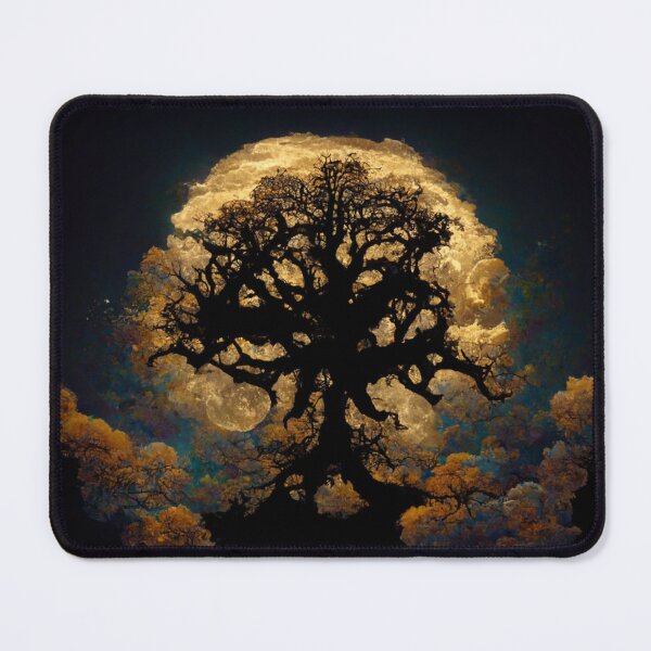 Item preview, Large old oak tree at night surrounded by glowing magic mushrooms on the ground and a full moon in the sky with fractal clouds designed and sold by Riverside-Moon.