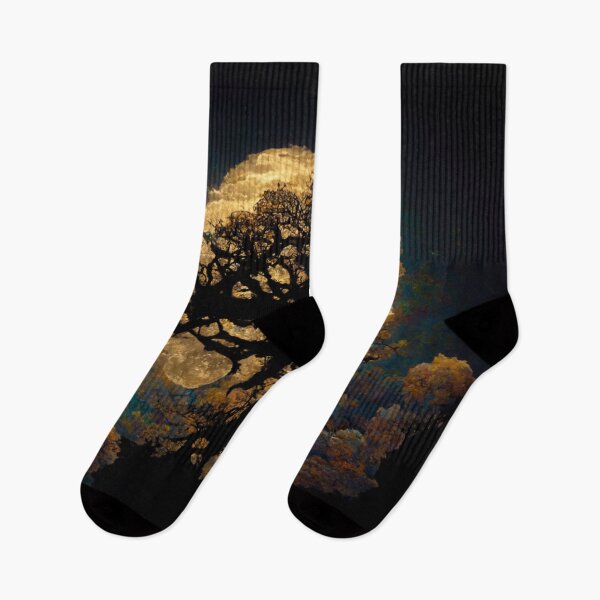 Item preview, Large old oak tree at night surrounded by glowing magic mushrooms on the ground and a full moon in the sky with fractal clouds designed and sold by Riverside-Moon.