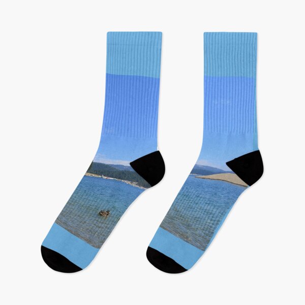Item preview, Beautiful landscape picture of blue sky, sand beach, ducks, lake, mountain and trees. designed and sold by naturematters.