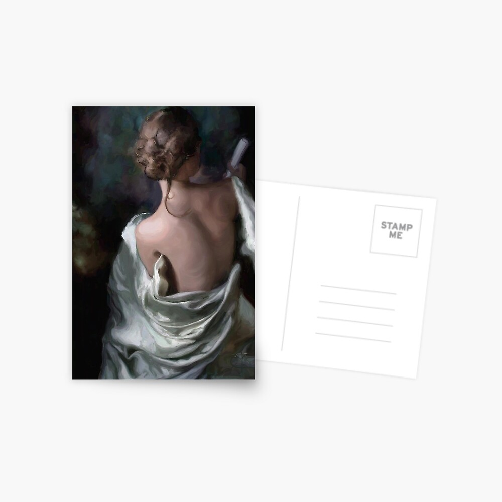 Holding his letter, she listened as his footfalls... Postcard