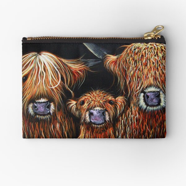 Scottish Highland Cows 'WE 3 COOS on BLACK' by Shirley MacArthur Zipper Pouch