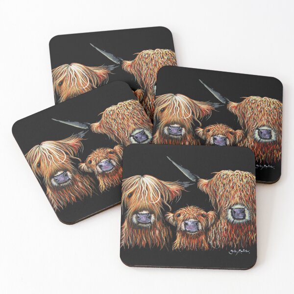 Scottish Highland Cows 'WE 3 COOS on BLACK' by Shirley MacArthur Coasters (Set of 4)