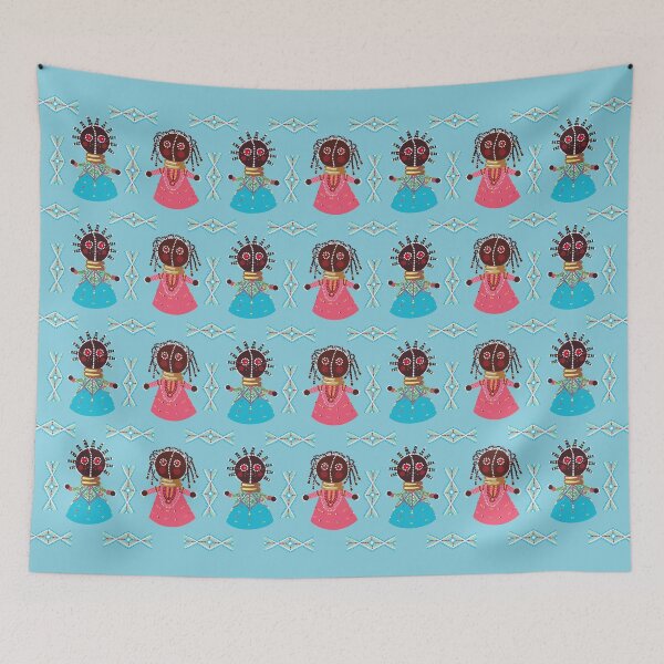 Item preview, Soul Sisters Girly pastels dolls pattern on blue designed and sold by mariam-h.