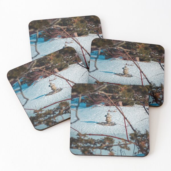 Item preview, Stone lantern framed through a winter forest on a frozen lake designed and sold by Michael Deemer.