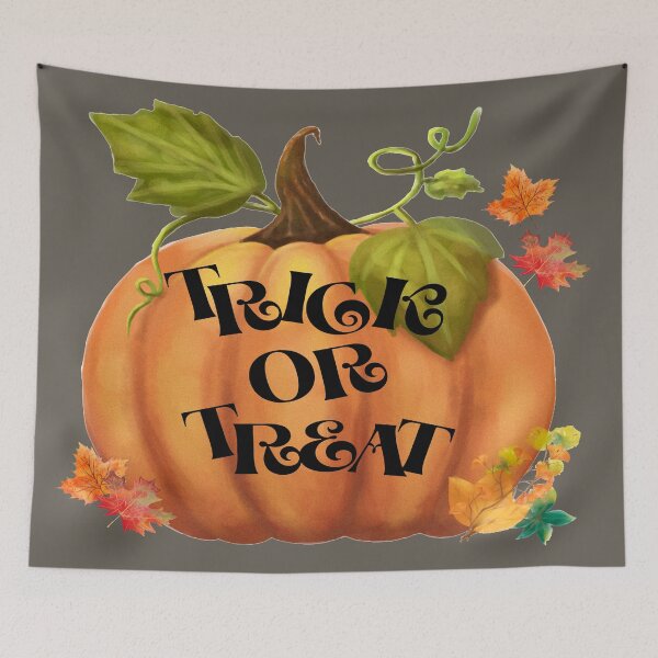 Item preview, Trick or treat, Illustration of pumpkin with autumn leaves and Halloween trick or treat phrase. designed and sold by Malogue.