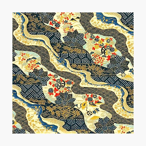 Traditional Japanese Kimono Cherry Blossom Sakura Flowers | Japanese Pattern | Gold Golden Blue and White Photographic Print