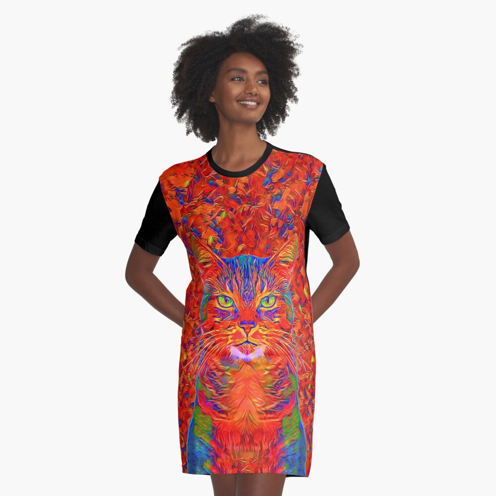 Red Cat Graphic T-Shirt Dress