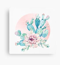 Pretty Cactus Mint Green Pink and Rosegold Desert Cacti Wall Art Canvas Print