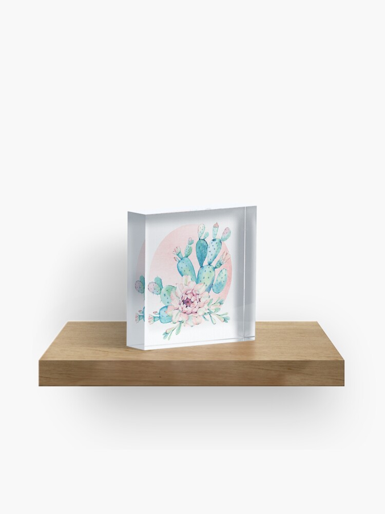 Pretty Cactus Mint Green Pink And Rosegold Desert Cacti Wall Art Acrylic Block