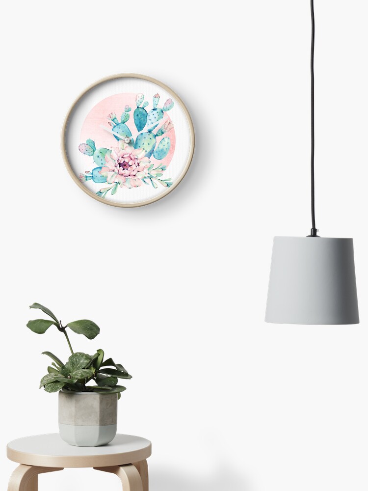 Pretty Cactus Mint Green Pink And Rosegold Desert Cacti Wall Art Clock