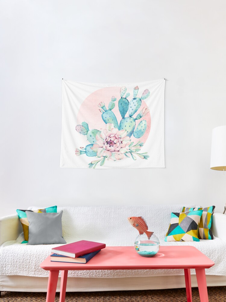 Pretty Cactus Mint Green Pink And Rosegold Desert Cacti Wall Art Wall Tapestry