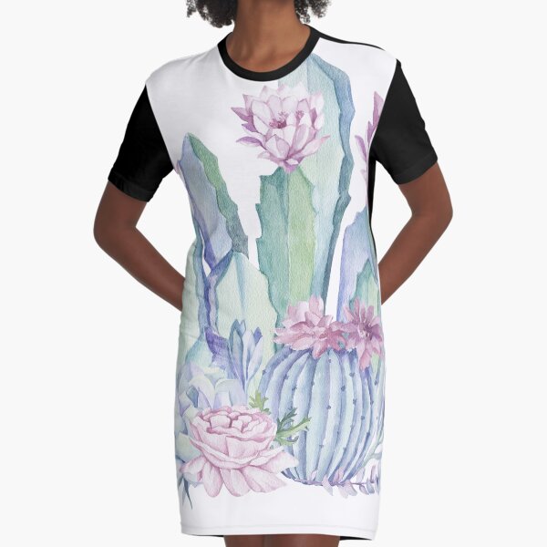 Trendy Cactus Pink and Mint Green Desert Cacti Design Graphic T-Shirt Dress