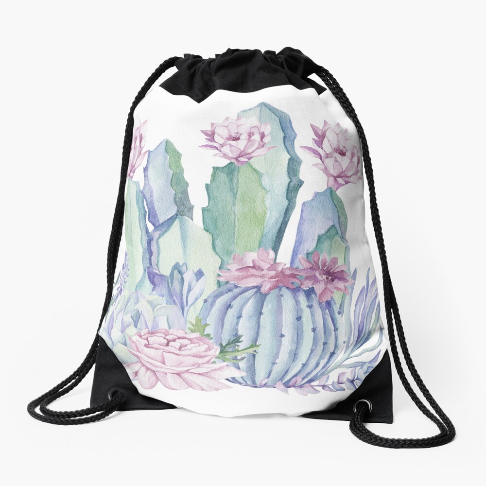 Trendy Cactus Pink and Mint Green Desert Cacti Design Drawstring Bag