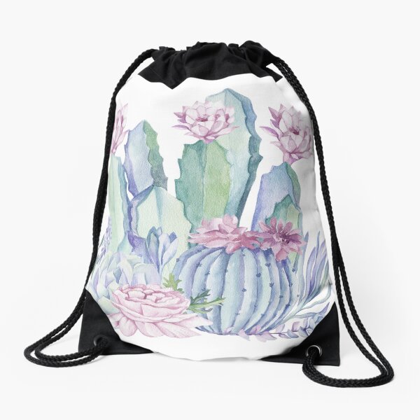 Trendy Cactus Pink and Mint Green Desert Cacti Design Drawstring Bag
