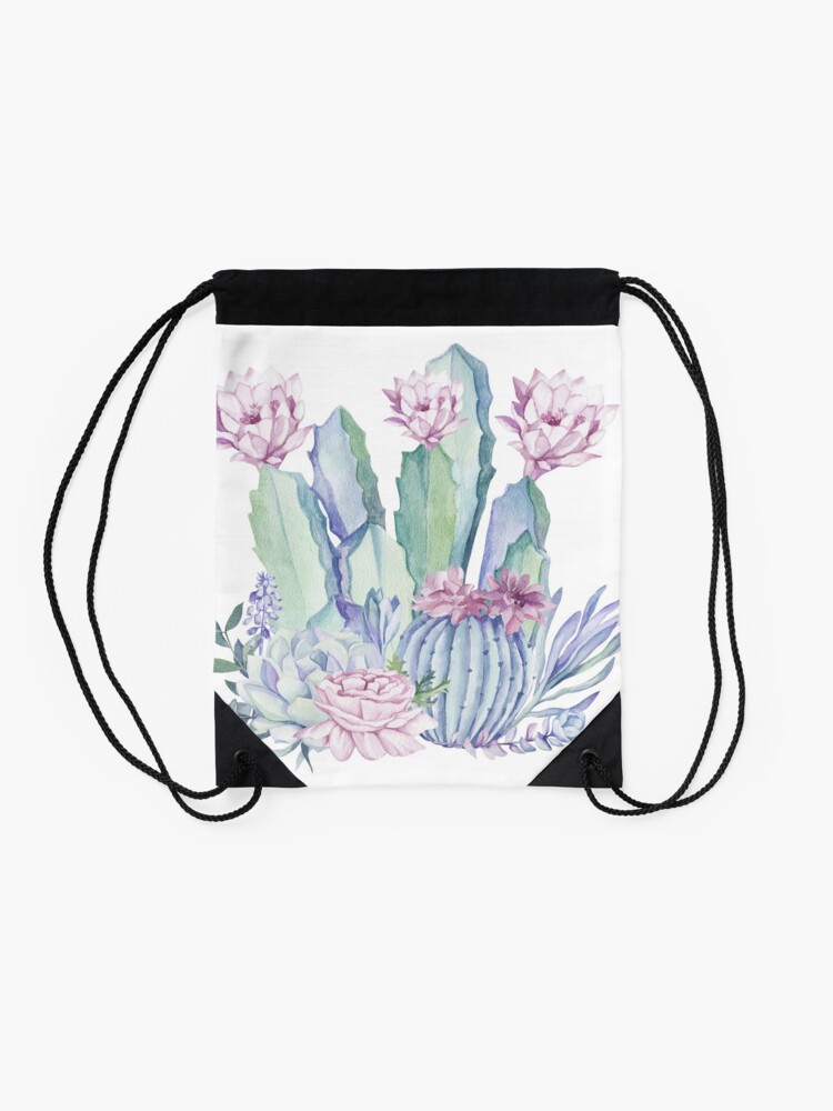Alternate view of Trendy Cactus Pink and Mint Green Desert Cacti Design Drawstring Bag