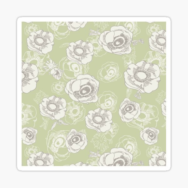 POPPIES AND ROSE BUDS layered in an elegant retro vintage style SAGE GREEN AND CREAM Sticker