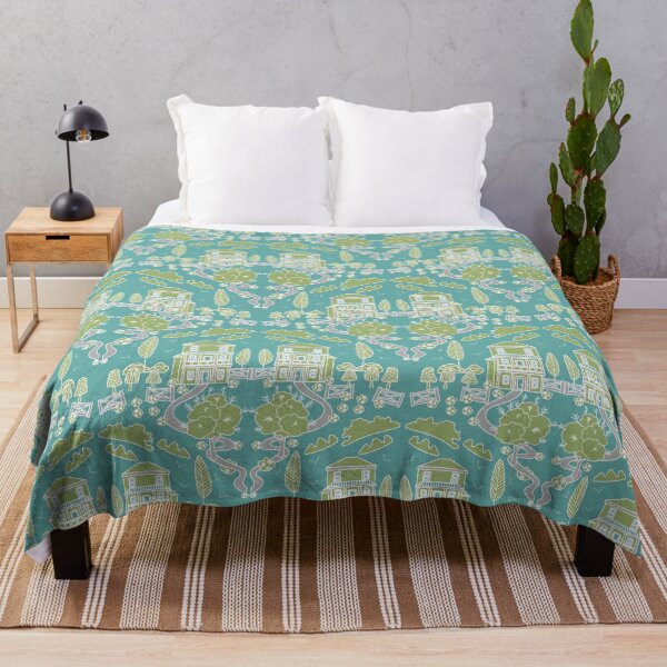 COTTAGES IN THE COUNTRY in a ART NOUVEAU CONTEMPORARY STYLE in Turquoise and Lime Green Throw Blanket