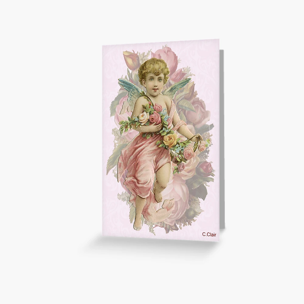 Victorian Angel Pink Cherub Flowers Greeting Card for Sale by