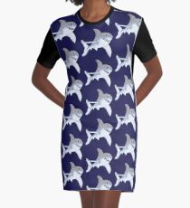 Great White Shark Fanciful Aquatic Watercolor Graphic T-Shirt Dress