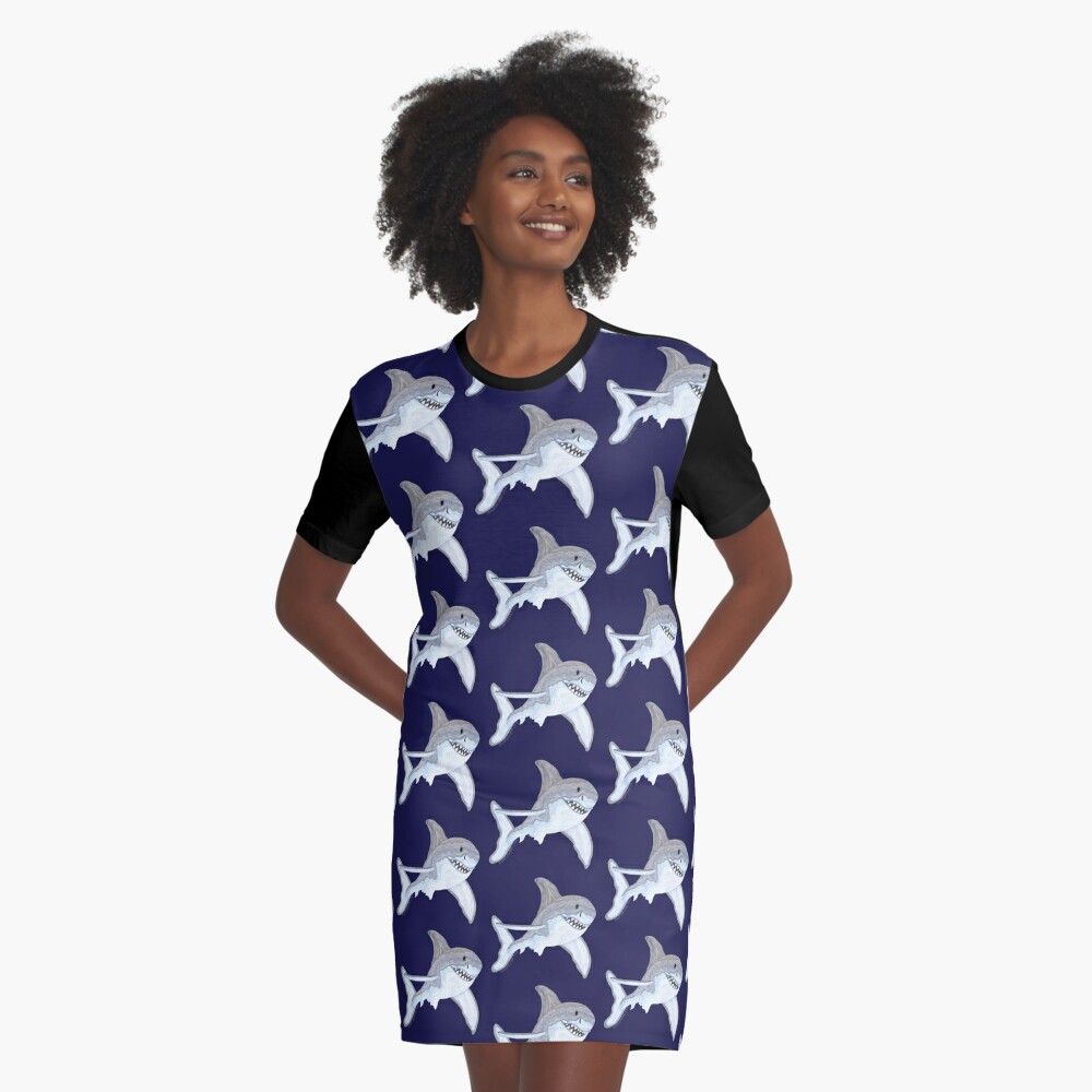 Great White Shark Fanciful Aquatic Watercolor Graphic T-Shirt Dress