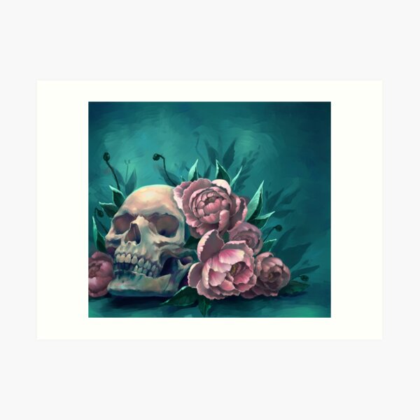 Skull and Peonies Art Print
