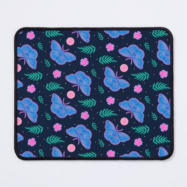 Item preview, Blue Pink Butterfly with Hibiscus and Full moon on Dark Blue Pattern designed and sold by Guided by Light Art.