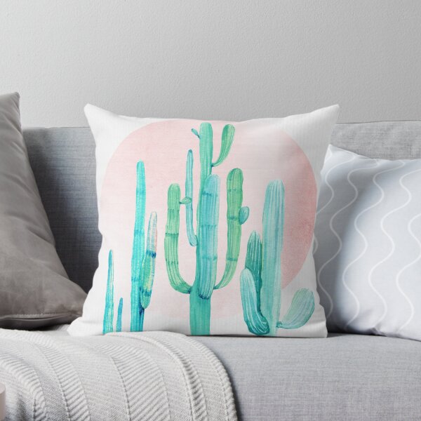 Pretty Cactus Rosegold Pink and Turquoise Desert Cacti Southwest Decor Throw Pillow